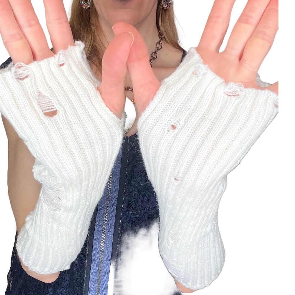 Ripped Fingerless Gloves with Thumb Holes Ivory White Mummy Distressed Hole Mens